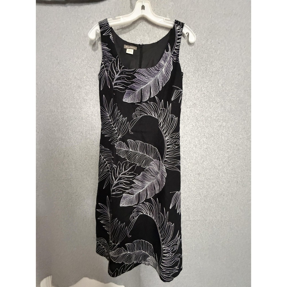 Tommy Bahama Dress Womens 4 Black Tropical Leaf Sheath Embroidered Sleeveless